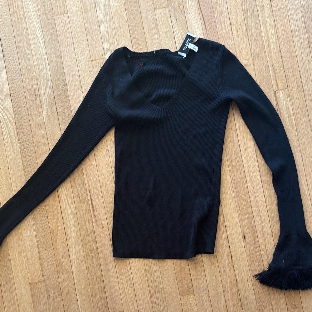 Derek Lam Black Ribbed Long Sleeve Top with Fringe Cuff